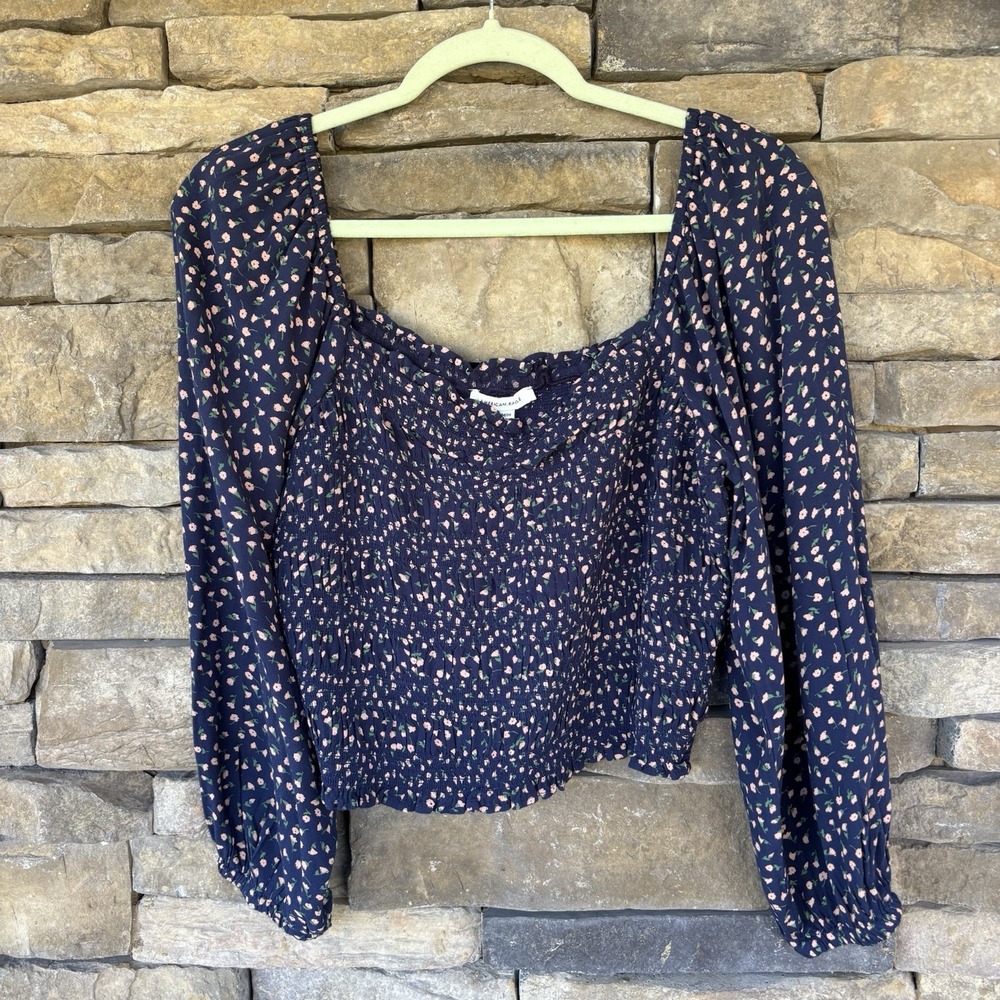 American Eagle Smocked Puff‎ Sleeve Daisy Floral Square‑Neck Crop Top Women's M